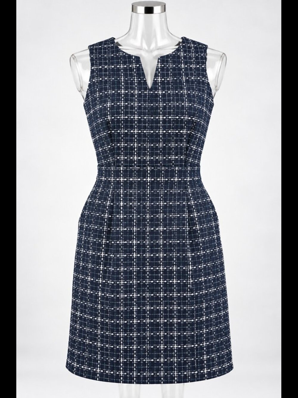Banana Republic Navy White Plaid Tweed Sheath Dress Size 14 Lined Pockets